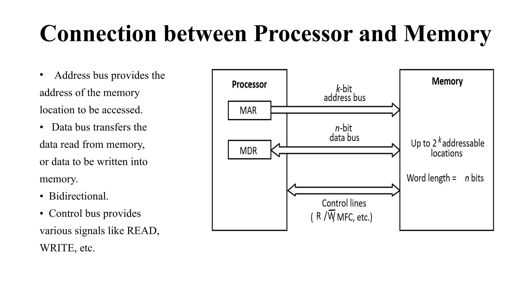 Connection between Processor and Memory
• Address bus provides the
address of the memory
location to be accessed.
• Data bus transfers the
data read from memory,
or data to be written into
memory.
• Bidirectional.
• Control bus provides
various signals like READ,
WRITE, etc.
 