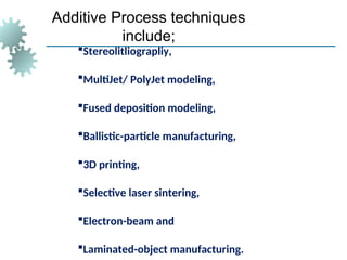 Additive Process techniques
include;
Stereolitliograpliy,
MultiJet/ PolyJet modeling,
Fused deposition modeling,
Ballistic-particle manufacturing,
3D printing,
Selective laser sintering,
Electron-beam and
Laminated-object manufacturing.
 