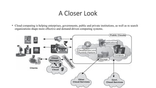A Closer Look
• Cloud computing is helping enterprises, governments, public and private institutions, as well as re search
organizations shape more effective and demand-driven computing systems.
 