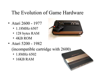 The Evolution of Game Hardware
• Atari 2600 - 1977
• 1.18MHz 6507
• 128 bytes RAM
• 4KB ROM
• Atari 5200 - 1982
(incompatible cartridge with 2600)
• 1.8MHz 6502
• 16KB RAM
 