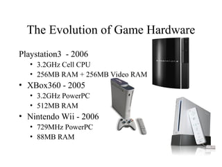 The Evolution of Game Hardware
Playstation3 - 2006
• 3.2GHz Cell CPU
• 256MB RAM + 256MB Video RAM
• XBox360 - 2005
• 3.2GHz PowerPC
• 512MB RAM
• Nintendo Wii - 2006
• 729MHz PowerPC
• 88MB RAM
 