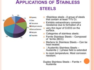 APPLICATIONS OF STAINLESS
STEELS
 •Stainless steels - A group of steels
that contain at least 11% Cr.
 Exhibits extraordinary corrosion
resistance due to formation of a
 very thin layer of Cr2O3 on the
surface.
 Categories of stainless steels:
 Ferrite Stainless Steels – Composed
of ferrite (BCC)
 Martens tic Stainless Steels – Can be
heat treated.
 Austenitic Stainless Steels –
Austenite ( ) phase field is extended
 to room temperature. Most corrosion
resistant.
Duplex Stainless Steels – Ferrite +
Austenite
 