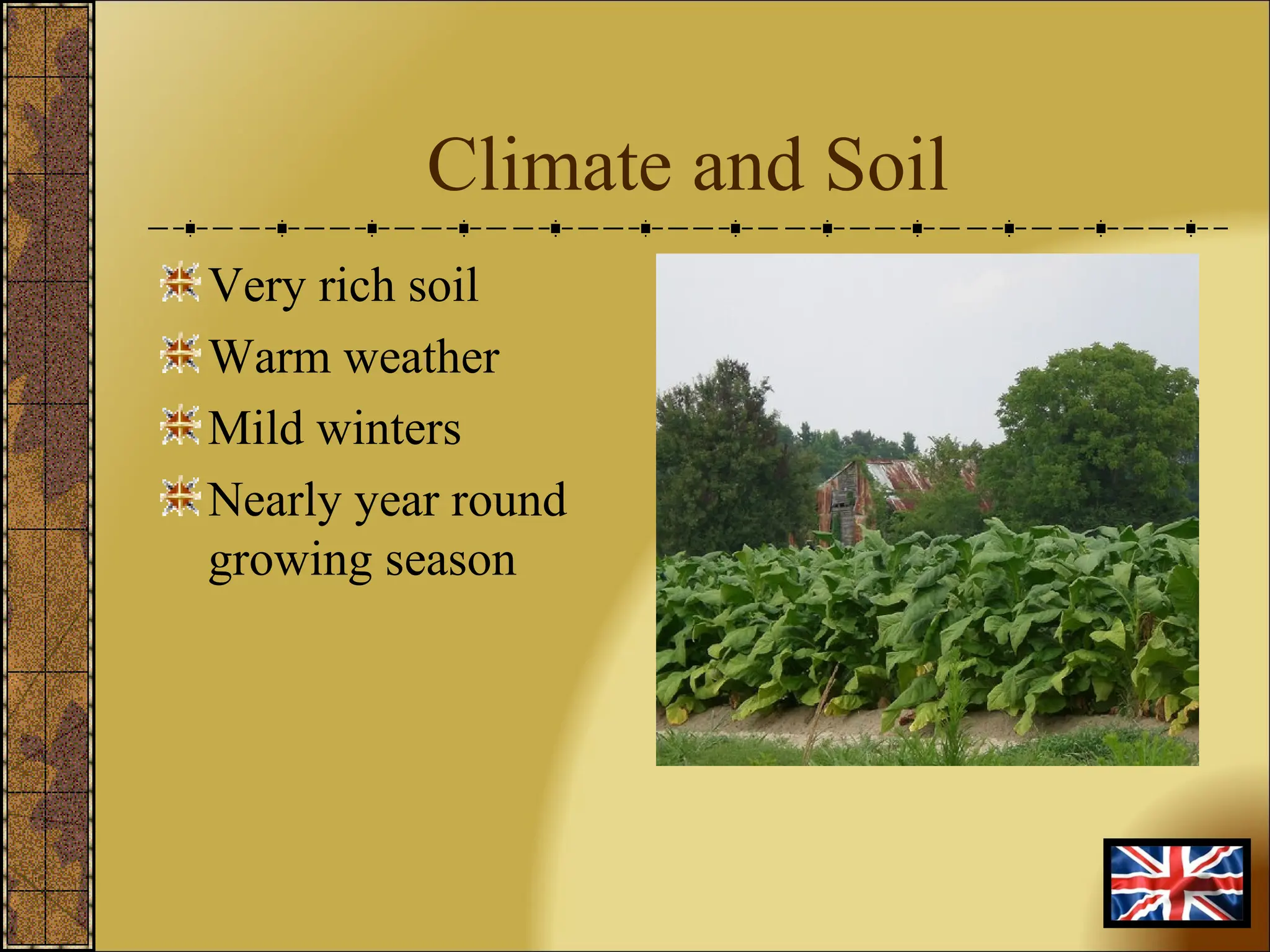 Climate and Soil Very rich soil Warm weather Mild winters Nearly year round growing season 