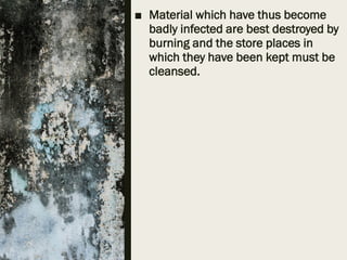 ■ Material which have thus become
badly infected are best destroyed by
burning and the store places in
which they have been kept must be
cleansed.
 