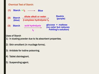 (1) Starch + I2 Blue
(2) Starch
(blue)
Dextrin
(purple)
dilute alkali or water
-amylase hydrolysis/ I2
(3) Starch acid hydrolysis
I2
glucose + maltose
(no color but reduces
Fehling's solution)
Chemical Test of Starch:
Uses of Starch
1) In dusting powder due to its absorbent properties.
2) Skin emollient (in mucilage forms).
3) Antidote for Iodine poisoning.
4) Tablet disintegrant.
5) Suspending agent.
 