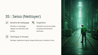 3S : Seiso (Nettoyer)
Routine de nettoyage
Planifier un nettoyage
régulier et méticuleux des
postes.
Inspection
Identifier sources de saleté
et dysfonctionnements
éventuels.
Technique 5 minutes
Nettoyer rapidement après chaque tâche pour maintenir ordre.
 