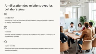 Amélioration des relations avec les
collaborateurs
Collaboration
Favoriser une culture de collaboration et d'entraide entre les équipes permet d'améliorer
les relations et la productivité.
Feedback
Donner et recevoir un feedback constructif de manière régulière renforce la confiance et la
compréhension mutuelle.
Équipe soudée
Des activités d'équipe et de team building renforcent les liens entre les collaborateurs et
améliorent la cohésion.
 