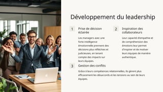 Développement du leadership
1 Prise de décision
éclairée
Les managers avec une
forte intelligence
émotionnelle prennent des
décisions plus réfléchies et
judicieuses, en tenant
compte des impacts sur
leurs équipes.
2 Inspiration des
collaborateurs
Leur capacité d'empathie et
de compréhension des
émotions leur permet
d'inspirer et de motiver
leurs équipes de manière
authentique.
3 Gestion des conflits
Grâce à leurs compétences relationnelles, ils gèrent plus
efficacement les désaccords et les tensions au sein de leurs
équipes.
 