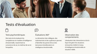 Tests d'évaluation
Tests psychométriques
Des tests écrits évaluent les
compétences en matière d'intelligence
émotionnelle, notamment la
conscience de soi, la maîtrise de soi et
l'empathie.
Évaluations 360°
La rétroaction des collègues, des
subordonnés et des supérieurs permet
d'identifier les points forts et les
domaines d'amélioration en
intelligence émotionnelle.
Observation des
comportements
L'évaluation des interactions et de la
façon de gérer les situations
stressantes révèle le niveau
d'intelligence émotionnelle en
situation réelle.
 