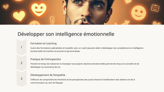 Développer son intelligence émotionnelle
Formation et coaching
Suivre des formations spécialisées et travailler avec un coach peuvent aider à développer ses compétences en intelligence
émotionnelle de manière structurée et personnalisée.
Pratique de l'introspection
Prendre le temps de s'observer et d'analyser ses propres réactions émotionnelles permet de mieux se connaître et de
développer sa conscience de soi.
Développement de l'empathie
S'efforcer de comprendre les émotions et les perspectives des autres favorise l'amélioration des relations et de la
communication au sein de l'équipe.
 