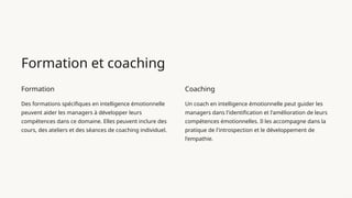 Formation et coaching
Formation
Des formations spécifiques en intelligence émotionnelle
peuvent aider les managers à développer leurs
compétences dans ce domaine. Elles peuvent inclure des
cours, des ateliers et des séances de coaching individuel.
Coaching
Un coach en intelligence émotionnelle peut guider les
managers dans l'identification et l'amélioration de leurs
compétences émotionnelles. Il les accompagne dans la
pratique de l'introspection et le développement de
l'empathie.
 