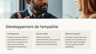 Développement de l'empathie
Introspection
Prendre le temps de réfléchir à
ses propres émotions et à la
façon dont on réagit face aux
autres permet de mieux
comprendre les sentiments
d'autrui.
Écoute active
S'efforcer d'écouter
attentivement les autres, sans les
interrompre, pour saisir leurs
points de vue et leurs besoins.
Mise en situation
Se mettre à la place des autres,
imaginer leurs expériences et
leurs défis, aide à développer
une plus grande sensibilité
empathique.
 