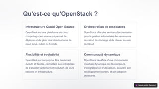 Qu'est-ce qu'OpenStack ?
Infrastructure Cloud Open Source
OpenStack est une plateforme de cloud
computing open source qui permet de
déployer et de gérer des infrastructures de
cloud privé, public ou hybride.
Orchestration de ressources
OpenStack offre des services d'orchestration
pour la gestion automatisée des ressources
de calcul, de stockage et de réseau au sein
du Cloud.
Flexibilité et évolutivité
OpenStack est conçu pour être hautement
évolutif et flexible, permettant aux entreprises
de s'adapter facilement à l'évolution. de leurs
besoins en infrastructure.
Communauté dynamique
OpenStack bénéficie d'une communauté
mondiale dynamique de développeurs,
d'intégrateurs et d'utilisateurs, assurant son
développement continu et son adoption
croissante.
 
