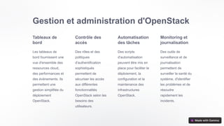 Gestion et administration d'OpenStack
Tableaux de
bord
Les tableaux de
bord fournissent une
vue d'ensemble des
ressources cloud,
des performances et
des événements. Ils
permettent une
gestion simplifiée du
déploiement
OpenStack.
Contrôle des
accès
Des rôles et des
politiques
d'authentification
sophistiqués
permettent de
sécuriser les accès
aux différentes
fonctionnalités
OpenStack selon les
besoins des
utilisateurs.
Automatisation
des tâches
Des scripts
d'automatisation
peuvent être mis en
place pour faciliter le
déploiement, la
configuration et la
maintenance des
infrastructures
OpenStack.
Monitoring et
journalisation
Des outils de
surveillance et de
journalisation
permettent de
surveiller la santé du
système, d'identifier
les problèmes et de
résoudre
rapidement les
incidents.
 