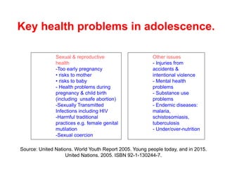 Key health problems in adolescence.
Sexual & reproductive
health
-Too early pregnancy
• risks to mother
• risks to baby
- Health problems during
pregnancy & child birth
(including unsafe abortion)
-Sexually Transmitted
Infections including HIV
-Harmful traditional
practices e.g. female genital
mutilation
-Sexual coercion
Source: United Nations. World Youth Report 2005. Young people today, and in 2015.
United Nations. 2005. ISBN 92-1-130244-7.
Other issues
- Injuries from
accidents &
intentional violence
- Mental health
problems
- Substance use
problems
- Endemic diseases:
malaria,
schistosomiasis,
tuberculosis
- Under/over-nutrition
 
