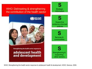 WHO: Delineating & strengthening
the contribution of the health sector
S
Strengthening &
supporting
other sectors
S
Services &
commodities
S
Strategic
information
S
Supportive
evidence-informed
policies
WHO. Strengthening the health sector response to adolescent health & development. WHO. Geneva. 2009.
 