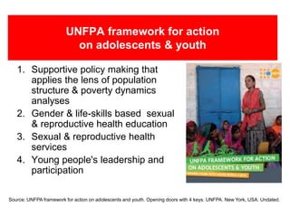 UNFPA framework for action
on adolescents & youth
1. Supportive policy making that
applies the lens of population
structure & poverty dynamics
analyses
2. Gender & life-skills based sexual
& reproductive health education
3. Sexual & reproductive health
services
4. Young people's leadership and
participation
Source: UNFPA framework for action on adolescents and youth. Opening doors with 4 keys. UNFPA. New York, USA. Undated.
 