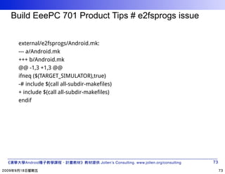 Build EeePC 701 Product Tips # e2fsprogs issue


 external/e2fsprogs/Android.mk:
 --- a/Android.mk
 +++ b/Android.mk
 @@ -1,3 +1,3 @@
 ifneq ($(TARGET_SIMULATOR),true)
 -# include $(call all-subdir-makefiles)
 + include $(call all-subdir-makefiles)
 endif




   Android                         Jollen’s Consulting. www.jollen.org/consulting
 