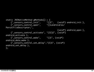 static JNINativeMethod gMethods[] = {
    {"_sensors_control_init",     "()I",   (void*) android_init },
    {"_sensors_control_open",     "()Landroid/os/
ParcelFileDescriptor;",
                                           (void*) android_open },
    {"_sensors_control_activate", "(IZ)Z", (void*)
android_activate },
    {"_sensors_control_wake",     "()I", (void*)
android_data_wake },
    {"_sensors_control_set_delay","(I)I", (void*)
android_set_delay },
};
 