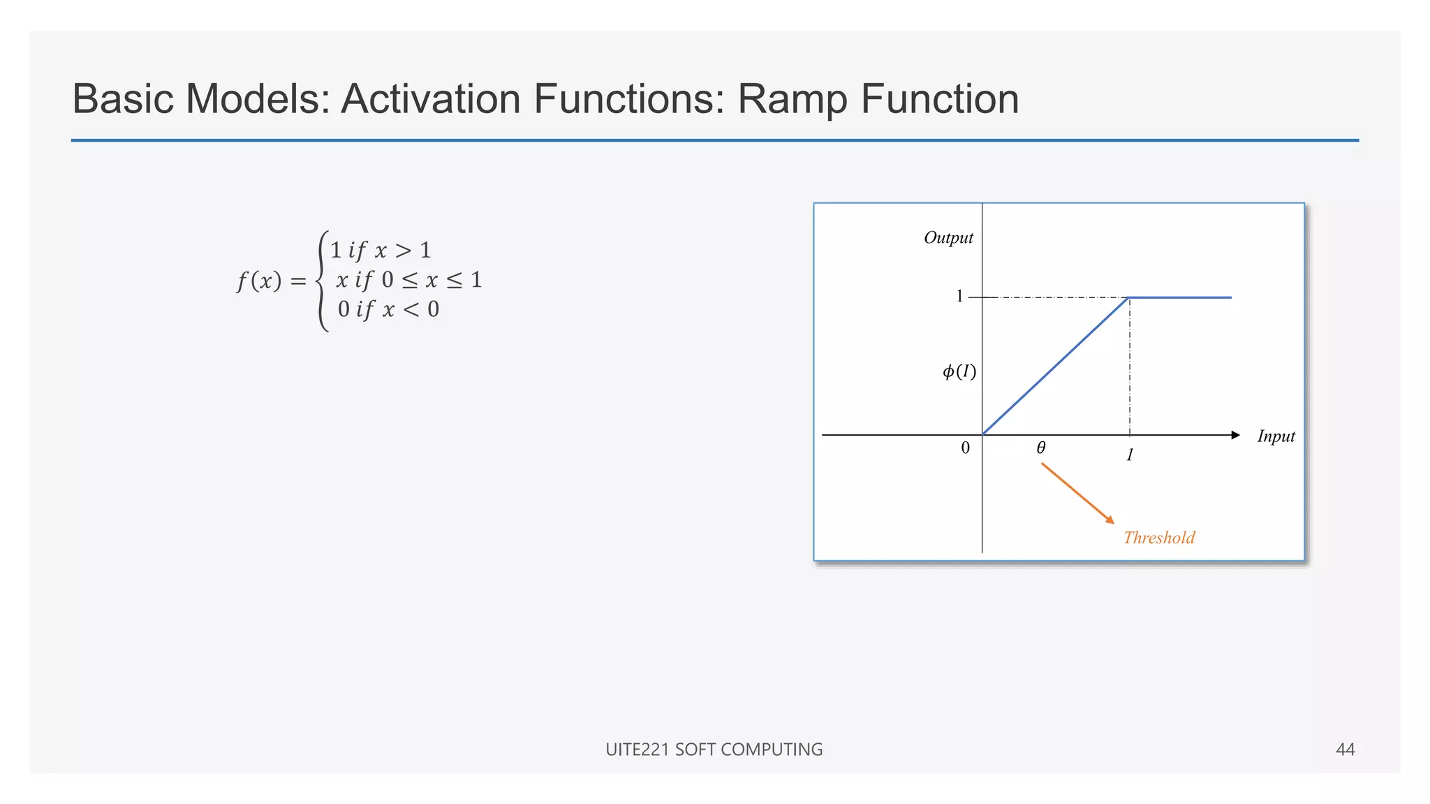 Basic Models: Activation Functions: Ramp Function
𝑓 𝑥 =
1 𝑖𝑓 𝑥 > 1
𝑥 𝑖𝑓 0 ≤ 𝑥 ≤ 1
0 𝑖𝑓 𝑥 < 0
UITE221 SOFT COMPUTING 44
Input
1
1
0 𝜃
Threshold
𝜙(𝐼)
Output
 
