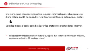 14
Définition du Cloud Computing
Introduction au Cloud Computing
Interconnexion et coopération de ressources informatiques, situées au sein
d’une même entité ou dans diverses structures internes, externes ou mixtes
&
Dont les modes d’accès sont basés sur les protocoles ou standards Internet
• Ressource informatique: Elément matériel ou logiciel d’un système d’information (machine,
processeur, mémoire, OS, stockage, réseau)
 