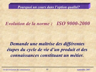 Evolution de la norme  :  ISO 9000-2000 Demande une maîtrise des différentes étapes du cycle de vie d’un produit et des connaissances constituant un métier. Pourquoi un cours dans l’option qualité? 