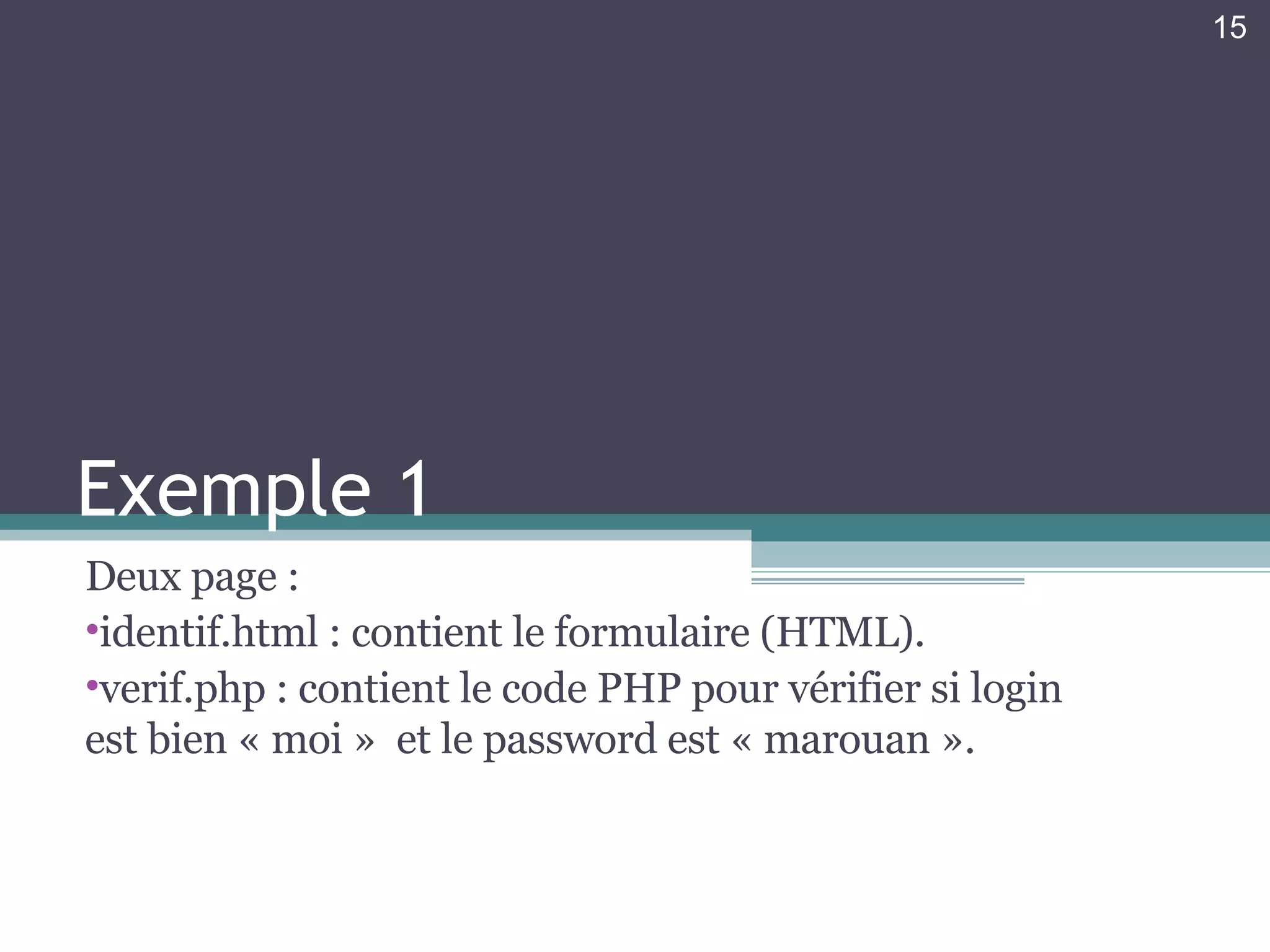 Exemple 1 Deux page : identif.html : contient le formulaire (HTML). verif.php : contient le code PHP pour vérifier si login est bien « moi »  et le password est « marouan ». 