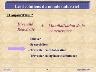 Et aujourd’hui ? Diversité  Réactivité Mondialisation de la concurrence + - Innover - Se spécialiser - Travailler en collaboration - Travailler en ingénierie simultanée Les évolutions du monde industriel 