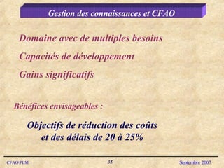 Gestion des connaissances et CFAO Domaine avec de multiples besoins Capacités de développement Gains significatifs Bénéfices envisageables : Objectifs de réduction des coûts et des délais de 20 à 25% 