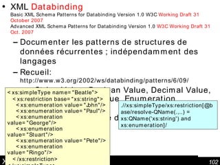 XML Databinding XML  Databinding Basic XML Schema Patterns for Databinding Version 1.0 W3C  Working Draft 31 October 2007 Advanced XML Schema Patterns for Databinding Version 1.0  W3C Working Draft 31 Oct. 2007 Documenter les patterns de structures de données récurrentes ; indépendamment des langages Recueil:  http://www.w3.org/2002/ws/databinding/patterns/6/09/ ex:  String Value, Boolean Value, Decimal Value, Null Value, Default Value, Enumeration, Collection, Vector XPath pour les extraire d’un document <xs:simpleType name="Beatle"> <xs:restriction base="xs:string"> <xs:enumeration value="John"/> <xs:enumeration value="Paul"/> <xs:enumeration value="George"/> <xs:enumeration value="Stuart"/> <xs:enumeration value="Pete"/> <xs:enumeration value="Ringo"/> </xs:restriction> </xs:simpleType> .//xs:simpleType/xs:restriction[@base/resolve-QName(.,..) = xs:QName('xs:string') and xs:enumeration]/ 