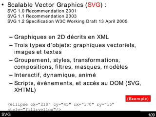 SVG Scalable Vector Graphics ( SVG ) : SVG 1.0 Recommendation 2001 SVG 1.1 Recommendation 2003 SVG 1.2 Specification W3C Working Draft 13 April 2005 Graphiques en 2D décrits en XML Trois types d’objets: graphiques vectoriels, images et textes Groupement, styles, transformations, compositions, filtres, masques, modèles Interactif, dynamique, animé Scripts, évènements, et accès au DOM (SVG, XHTML) <ellipse cx="210" cy="45" rx="170" ry="15" style="fill:yellow"/> (Exemple) 