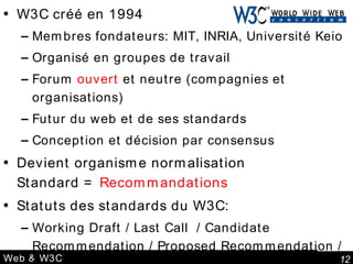 Web & W3C  W3C créé en 1994  Membres fondateurs: MIT, INRIA, Université Keio Organisé en groupes de travail Forum  ouvert  et neutre (compagnies et organisations) Futur du web et de ses standards Conception et décision par consensus Devient organisme normalisation Standard =  Recommandations Statuts des standards du W3C: Working Draft / Last Call  / Candidate Recommendation / Proposed Recommendation / Recommendation 