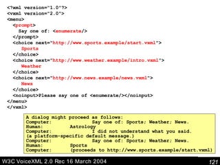 W3C VoiceXML 2.0 Rec 16 March 2004 <?xml version="1.0"?> <vxml version="2.0"> <menu> < prompt > Say one of: < enumerate /> </prompt> <choice next=" http://www.sports.example/start.vxml "> Sports </choice> <choice next=" http://www.weather.example/intro.vxml "> Weather </choice> <choice next=" http://www.news.example/news.vxml "> News </choice> <noinput>Please say one of <enumerate/></noinput> </menu> </vxml> A dialog might proceed as follows: Computer:  Say one of: Sports; Weather; News. Human:  Astrology Computer:  I did not understand what you said. (a platform-specific default message.) Computer:  Say one of: Sports; Weather; News. Human:  Sports Computer:  (proceeds to http://www.sports.example/start.vxml) 