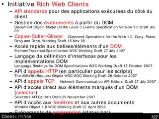 Clients riches Initiative  Rich Web Clients API standards  pour des applications exécutées du côté du client  Gestion des  évènements  à partir du DOM Document Object Model (DOM) Level 3 Events Specification Version 1.0 Draft Jan. 08 Copier-Coller-Glisser   Clipboard Operations for the Web 1.0: Copy, Paste, Drag and Drop. Working Draft 15 Nov 06 Accès rapide aux balises/éléments d'un  DOM ElementTraversal Specification W3C Working Draft 27 July 2007 Langage de définition d'interfaces pour les implémentations DOM Language Bindings for DOM Specifications W3C Working Draft 17 October 2007 API d’ appels HTTP  (en particulier pour les scripts)  The XMLHttpRequest Object W3C W3C Working Draft 26 October 2007 API d' appels TCP   Network Communication API Editors' Draft 27 July 2007 API d'accès direct aux éléments marqués d'un DOM ( selector ) Selectors API Editor's Draft 29 November 2007 API d’accès aux  fenêtres  et aux autres documents Window Object 1.0 W3C Working Draft 07 April 2006 Evènements de  progression  (status bar) Progress Events 1.0  API de sélection et  chargement d’un fichier File Upload W3C Working Draft 18 October 2006 