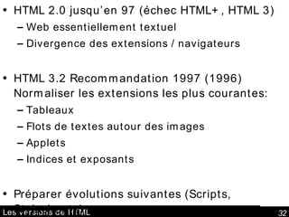 Les versions de HTML HTML 2.0 jusqu’en 97 (échec HTML+, HTML 3) Web essentiellement textuel Divergence des extensions / navigateurs HTML 3.2 Recommandation 1997 (1996) Normaliser les extensions les plus courantes: Tableaux Flots de textes autour des images Applets Indices et exposants Préparer évolutions suivantes (Scripts, Stylesheets) 