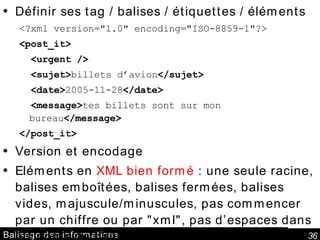 Balisage des informations Définir ses tag / balises / étiquettes / éléments <?xml version="1.0" encoding="ISO-8859-1"?> <post_it> <urgent /> <sujet> billets d’avion </sujet> <date> 2005-11-28 </date> <message> tes billets sont sur mon bureau </message> </post_it> Version et encodage Eléments en  XML bien formé  : une seule racine, balises emboîtées, balises fermées, balises vides, majuscule/minuscules, pas commencer par un chiffre ou par "xml", pas d’espaces dans les noms de balises. 