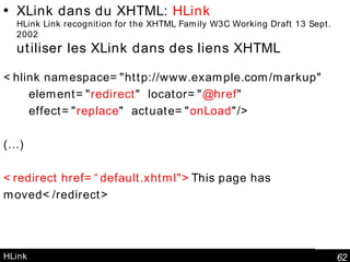 HLink XLink dans du XHTML:  HLink HLink Link recognition for the XHTML Family W3C Working Draft 13 Sept. 2002 utiliser les XLink dans des liens XHTML <hlink namespace="http://www.example.com/markup" element=" redirect "  locator=" @href " effect=" replace "  actuate=" onLoad "/> (…) <redirect href=“default.xhtml"> This page has moved</redirect> 