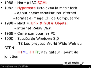 La naissance du Web 1986 – Norme ISO  SGML 1987 –  Hypercard  livré avec le Macintosh –  début commercialisation Internet     –  format d'image GIF de Compuserve 1988 – Next =  Unix & GUI & Objets –  Internet Relay Chat 1989 – Carte son pour les PC 1990 – Succès de Windows 3.0 –  TB Lee propose World Wide Web au CERN    HT ML ,  HT TP , navigateur : point de jonction [1983-1990] 
