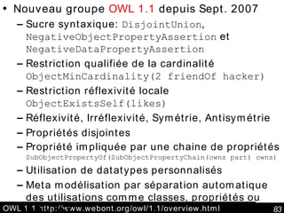 OWL 1.1 http://www.webont.org/owl/1.1/overview.html Nouveau groupe  OWL 1.1  depuis Sept. 2007 Sucre syntaxique:  DisjointUnion ,  NegativeObjectPropertyAssertion  et  NegativeDataPropertyAssertion Restriction qualifiée de la cardinalité  ObjectMinCardinality(2 friendOf hacker) Restriction réflexivité locale ObjectExistsSelf(likes) Réflexivité, Irréflexivité, Symétrie, Antisymétrie Propriétés disjointes Propriété impliquée par une chaine de propriétés SubObjectPropertyOf(SubObjectPropertyChain(owns part) owns) Utilisation de datatypes personnalisés Meta modélisation par séparation automatique des utilisations comme classes, propriétés ou individus. 