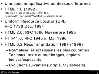 Web de base  Une couche applicative au dessus d'Internet: HTML 1.0 (1992)  http://www.w3.org/History/19921103-hypertext/hypertext/WWW/MarkUp/MarkUp.html Uniform Resource Locator (URL) RFC 1738 Dec. 1994 HTML 2.0: RFC 1866 Novembre 1995 HTTP 1.0: RFC 1945 in Mai 1996 HTML 3.2 Recommandation 1997 (1996) Normaliser les extensions les plus courantes Tableaux, texte autour images, applets, indices/exposants Evolutions suivantes (Scripts, Stylesheets) 