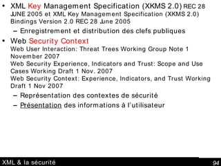 XML & la sécurité XML  Key  Management Specification (XKMS 2.0)   REC 28 JUNE 2005 et XML Key Management Specification (XKMS 2.0) Bindings Version 2.0 REC 28 June 2005 Enregistrement et distribution des clefs publiques Web  Security Context   Web User Interaction: Threat Trees Working Group Note 1 November 2007 Web Security Experience, Indicators and Trust: Scope and Use Cases Working Draft 1 Nov. 2007 Web Security Context: Experience, Indicators, and Trust Working Draft 1 Nov 2007 Représentation des contextes de sécurité Présentation  des informations à l’utilisateur 