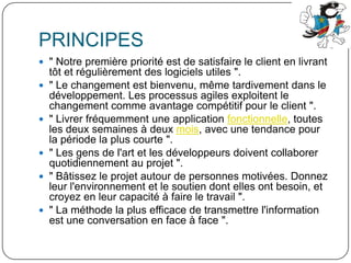 L'application (" Logiciel fonctionnel plutôt que documentation complète ") : Il est vital que l'application fonctionne. Le reste, et notamment la documentation technique, est secondaire, même si une documentation succincte et précise est utile comme moyen de communication. La documentation représente une charge de travail importante, mais peut pourtant être néfaste si elle n'est pas à jour. Il est préférable de commenter abondamment le code lui-même, et surtout de transférer les compétences au sein de l'équipe (on en revient à l'importance de la communication).