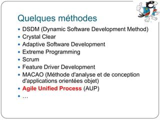 PRINCIPES" Un logiciel fonctionnel est la meilleure unité de mesure de la progression du projet "." Les processus agiles promeuvent un rythme de développement soutenable. Commanditaires, développeurs et utilisateurs devraient pouvoir maintenir le rythme indéfiniment "." Une attention continue à l'excellence technique et à la qualité de la conception améliore l'agilité "." La simplicité - l'art de maximiser la quantité de travail à ne pas faire - est essentielle "." Les meilleures architectures, spécifications et conceptions sont issues d'équipes qui s'auto-organisent "." À intervalle régulier, l'équipe réfléchit aux moyens de devenir plus efficace, puis accorde et ajuste son comportement dans ce sens ".