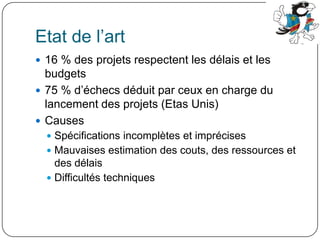 Etat de l’art16 % des projets respectent les délais et les budgets75 % d’échecs déduit par ceux en charge du lancement des projets (Etas Unis)CausesSpécifications incomplètes et imprécisesMauvaises estimation des couts, des ressources et des délaisDifficultés techniques