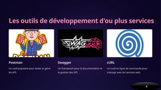 Les outils de développement d'ou plus services
Postman
Un outil populaire pour tester et gérer
les API.
Swagger
Un framework pour la documentation et
la gestion des API.
cURL
Un outil en ligne de commande pour
interagir avec les services web.
by Ala Eddine Souayah
8
 