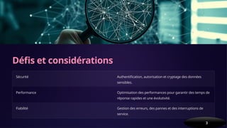 Défis et considérations
Sécurité Authentification, autorisation et cryptage des données
sensibles.
Performance Optimisation des performances pour garantir des temps de
réponse rapides et une évolutivité.
Fiabilité Gestion des erreurs, des pannes et des interruptions de
service.
by Ala Eddine Souayah
3
 