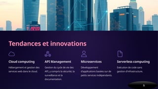 Tendances et innovations
Cloud computing
Hébergement et gestion des
services web dans le cloud.
API Management
Gestion du cycle de vie des
API, y compris la sécurité, la
surveillance et la
documentation.
Microservices
Développement
d'applications basées sur de
petits services indépendants.
Serverless computing
Exécution de code sans
gestion d'infrastructure.
by Ala Eddine Souayah
5
 