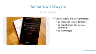 Tomorrow’s lawyers
Richard Susskind
5
 Trois facteurs de changement :
 Le challenge « more for less »
 La libéralisation des services
juridiques
 La technologie
 