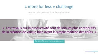 « more for less » challenge
repose principalement sur la productivité
« Les travaux sur la productivité sont de loin les plus contributifs
de la création de valeur, bien avant la simple maîtrise des coûts »
Caroline Neveux, Jurimanagement
6
 
