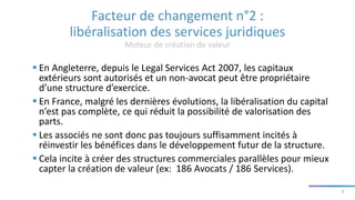 Facteur de changement n°2 :
libéralisation des services juridiques
Moteur de création de valeur
8
 En Angleterre, depuis le Legal Services Act 2007, les capitaux
extérieurs sont autorisés et un non-avocat peut être propriétaire
d’une structure d’exercice.
 En France, malgré les dernières évolutions, la libéralisation du capital
n’est pas complète, ce qui réduit la possibilité de valorisation des
parts.
 Les associés ne sont donc pas toujours suffisamment incités à
réinvestir les bénéfices dans le développement futur de la structure.
 Cela incite à créer des structures commerciales parallèles pour mieux
capter la création de valeur (ex: 186 Avocats / 186 Services).
 